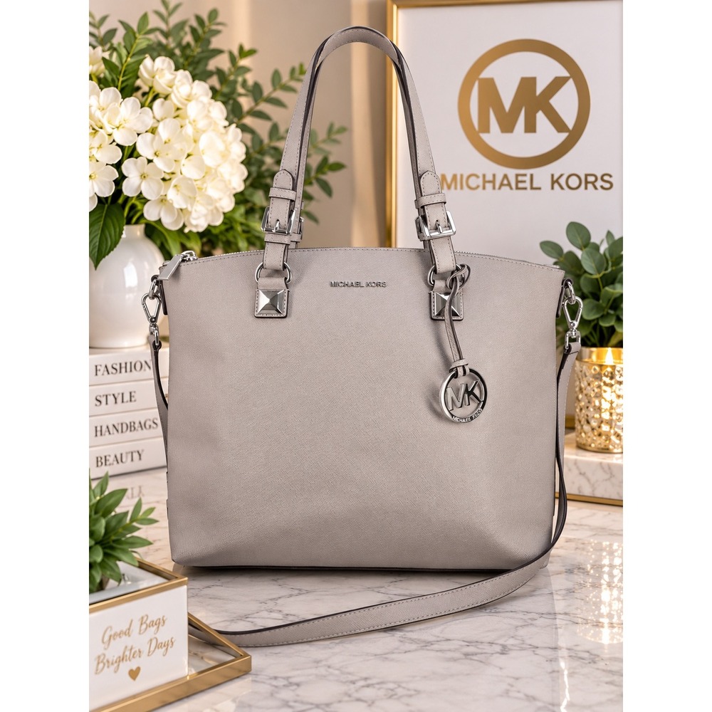 Michael Kors Karla Grey Saffiano Leather Tote Satchel Crossbody Bag Silver HW